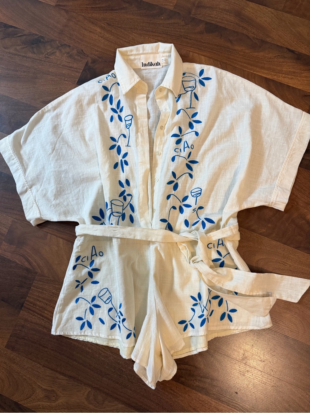 Cream & Blue Short Romper with Tie Belt